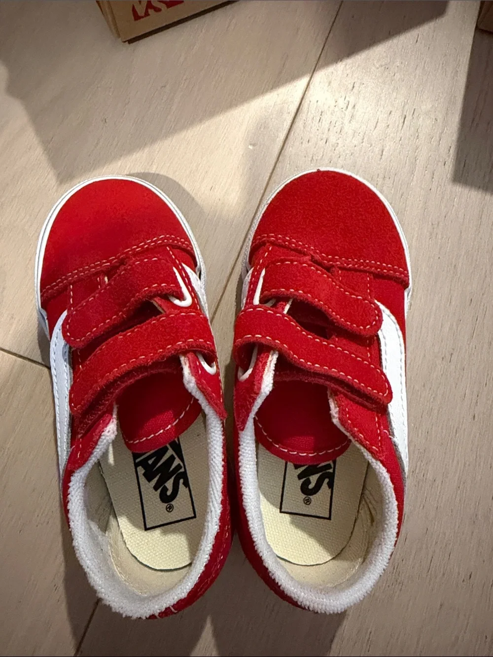 Vans Kids Red Velcro Low-Top Sneakers with White Side Stripe
